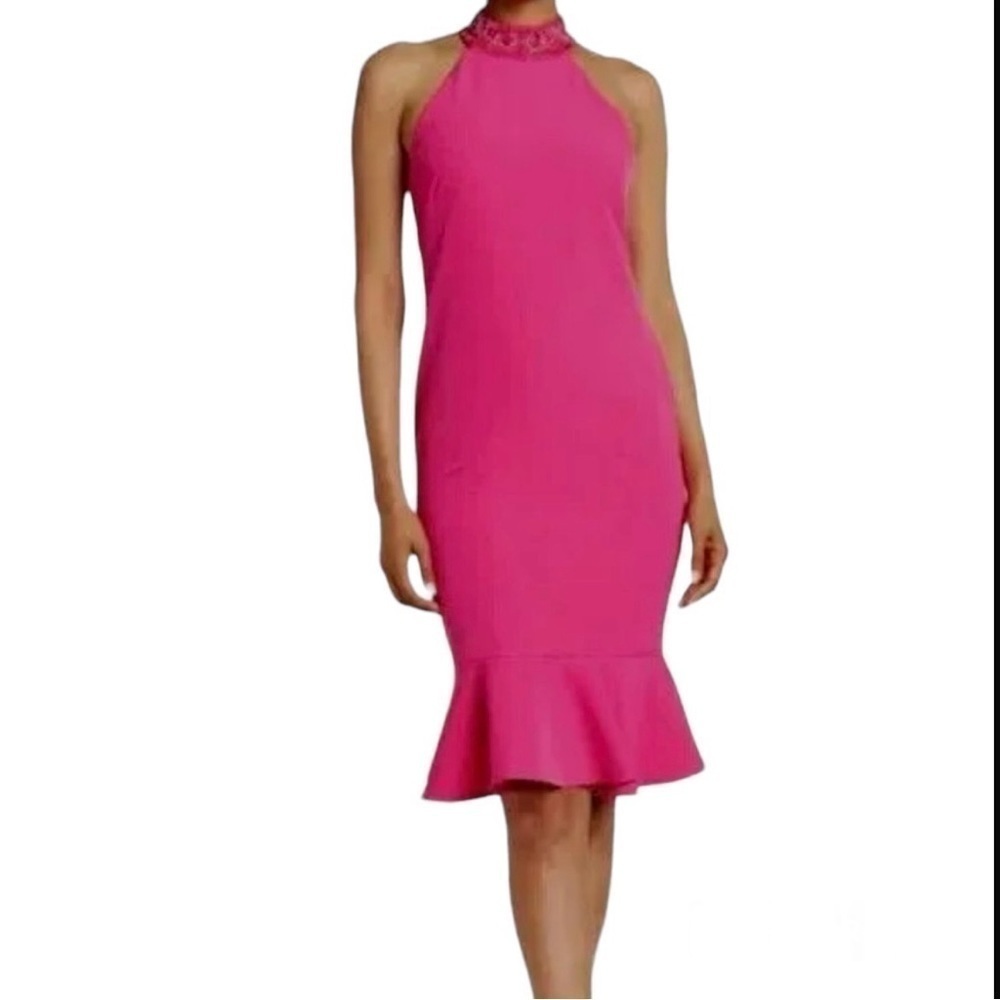 Marina Beaded Collar Midi Womens Dress  Size 6    Color Fuchsia NWT‎